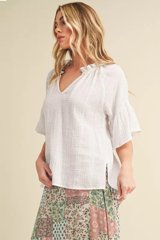 Aemi + Co Side Slit Notched Ruffled Half Sleeve Blouse - Lilixa.store