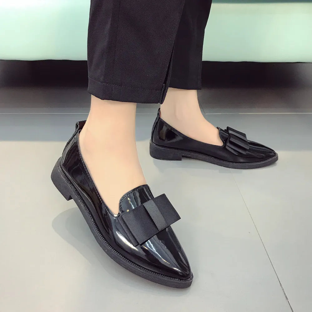 Point Toe Loafers with Bow in Black