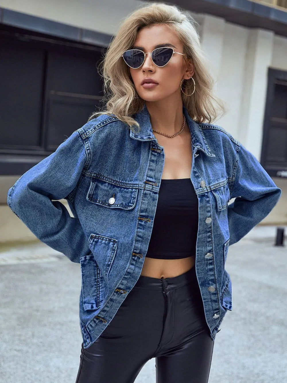Pocketed Button Down Collared Neck Denim Top - Lilixa.store