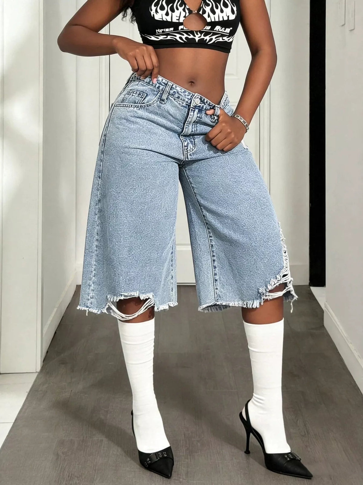 Distressed Wide-Leg Denim Shorts - Lilixa.store