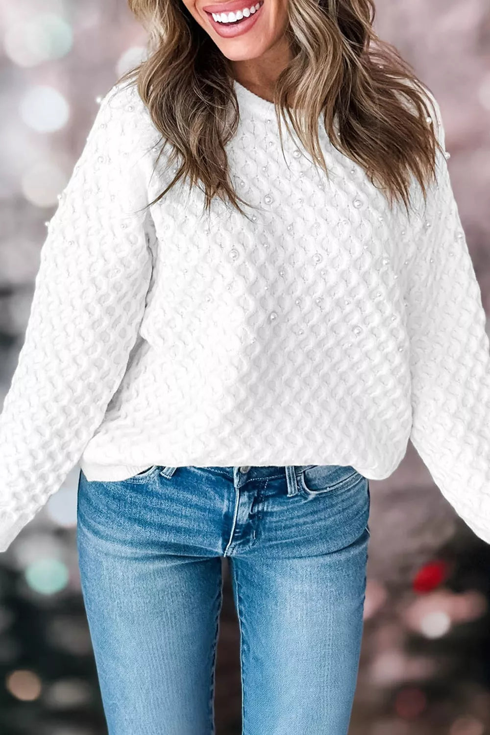 Solid Textured Knit Pearl Embellished Pullover Sweater - Lilixa.store