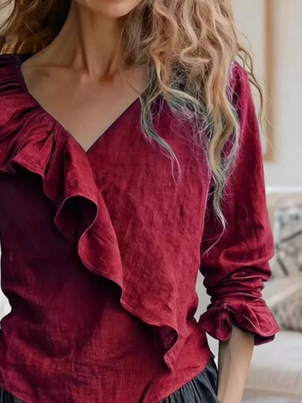 V-Neck Ruffled Long Sleeve Blouse - Lilixa.store
