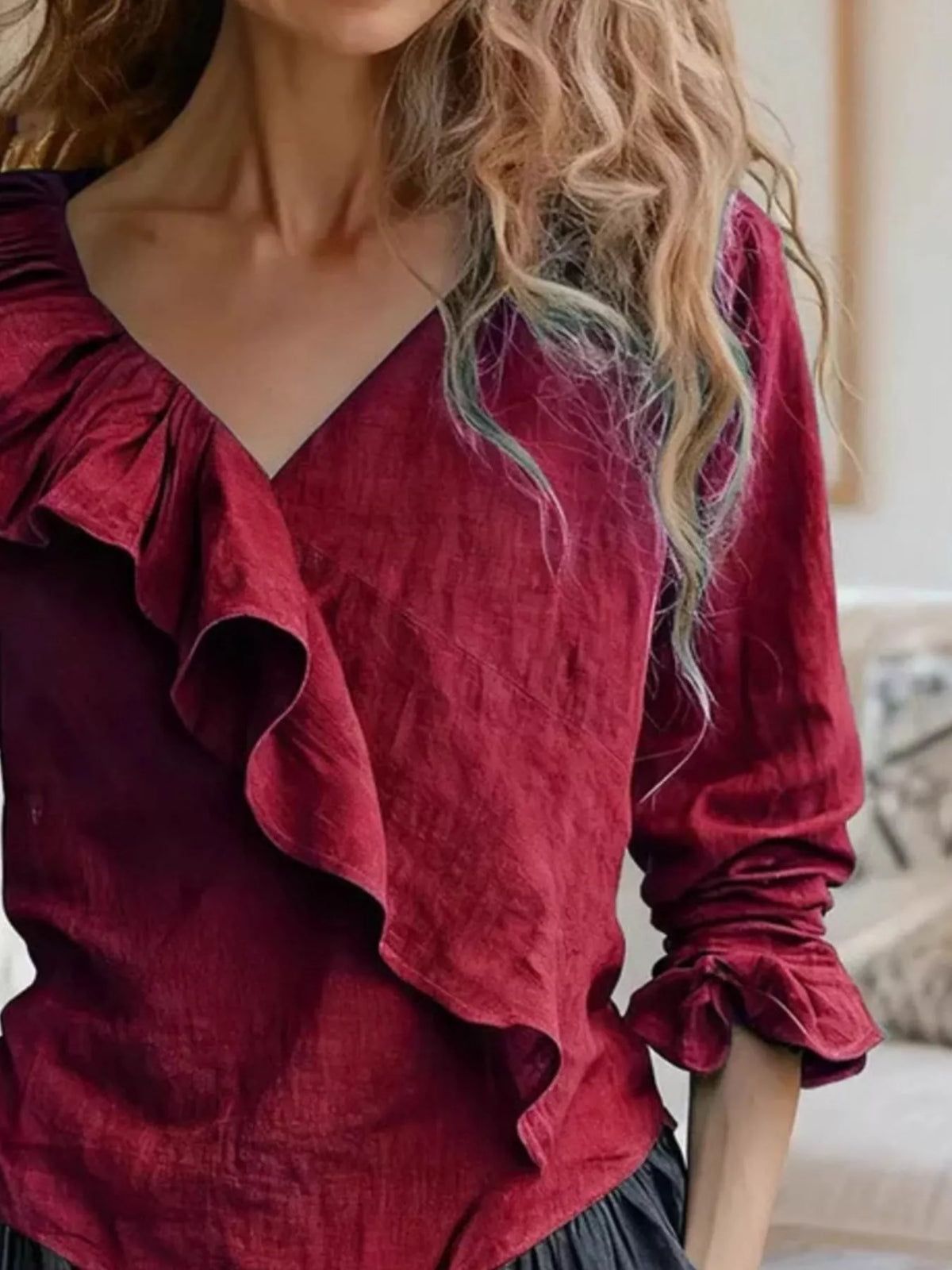 V-Neck Ruffled Long Sleeve Blouse - Lilixa.store
