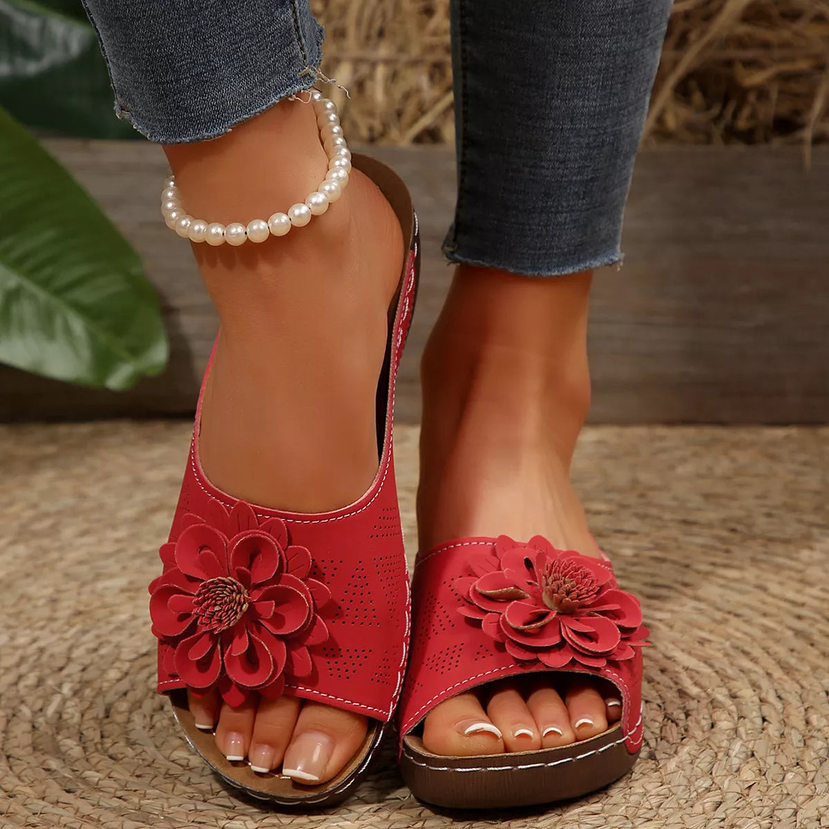 Bohemian Floral Embellished Comfortable Flat Sandals, view 8