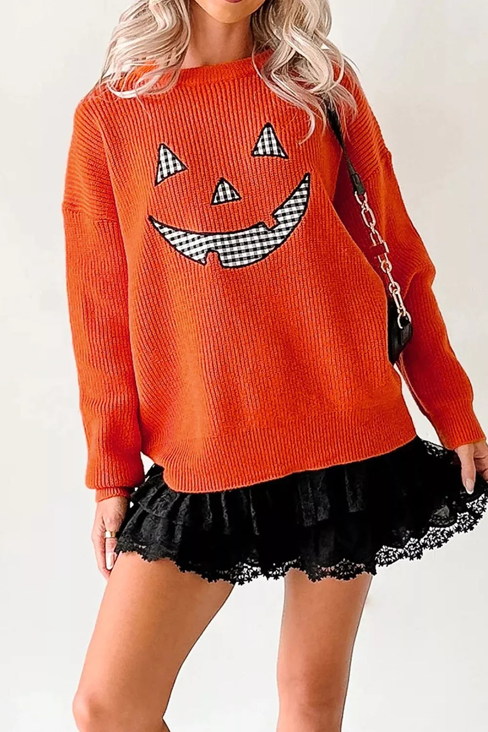 Drop Shoulder Long Sleeve Round Neck Halloween Sweater in Orange, view 3