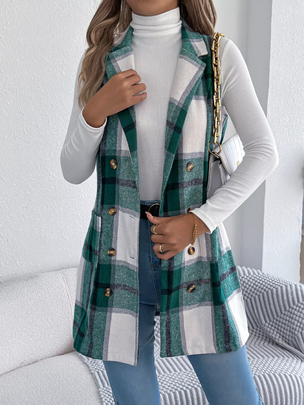 Plaid Double-Breasted Vest Coat - Lilixa.store