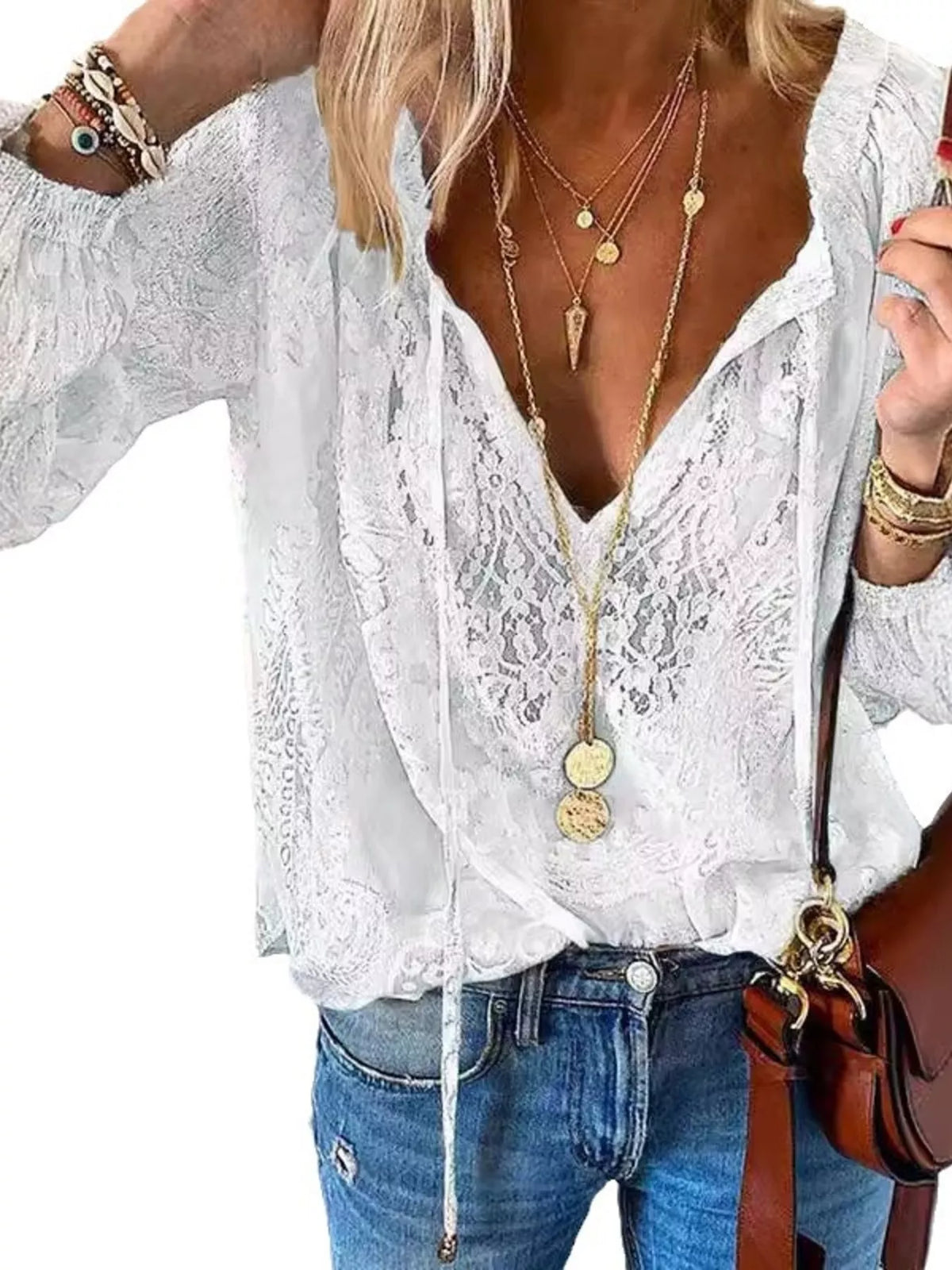 Lace Tie-Neck Blouse - Lilixa.store