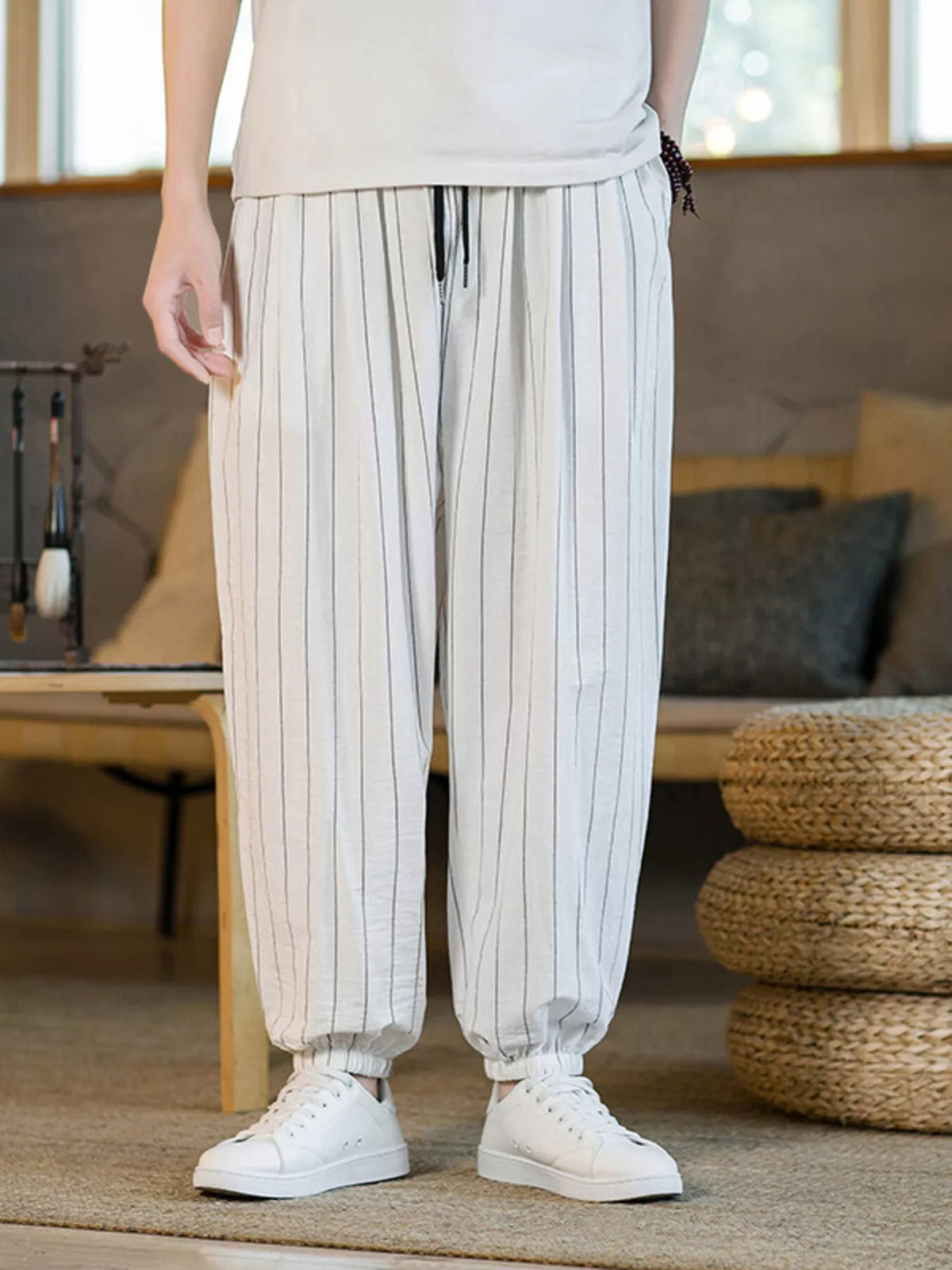 Men's Plus Size Striped Harem Pants in White