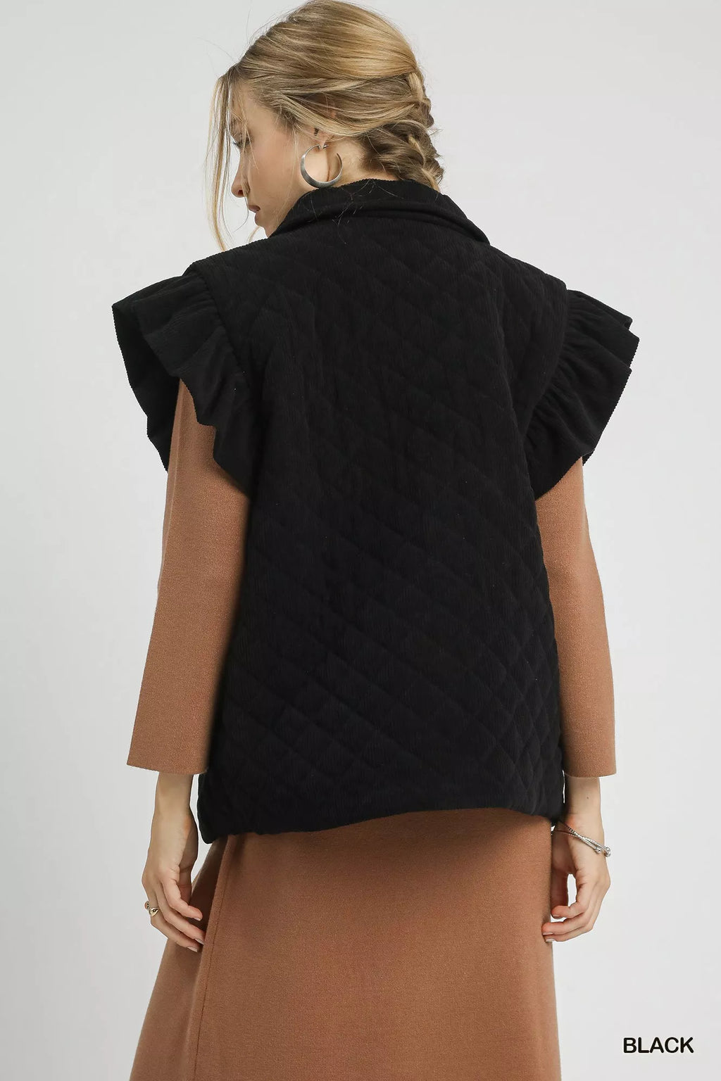 Umgee Corduroy Quilted Ruffle Sleeve Vest - Lilixa.store