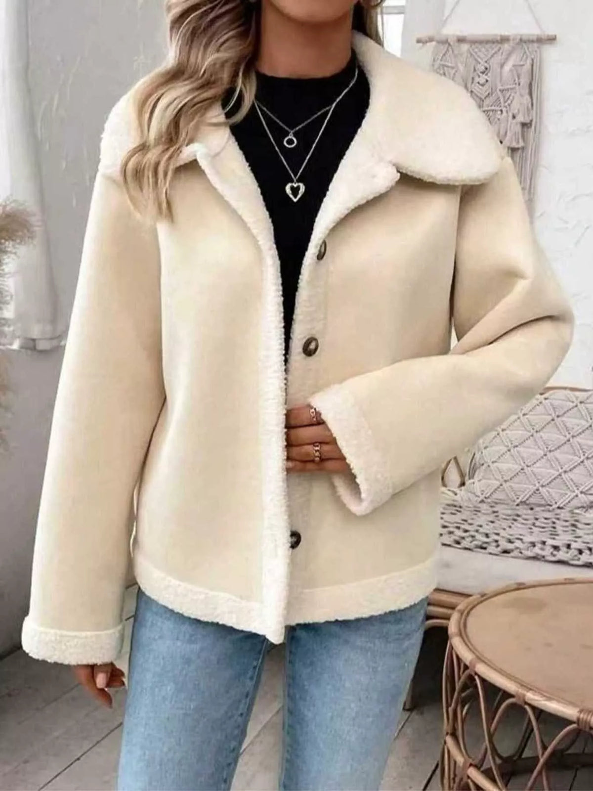 Plus Size Fleece Button-Down Outerwear in Apricot