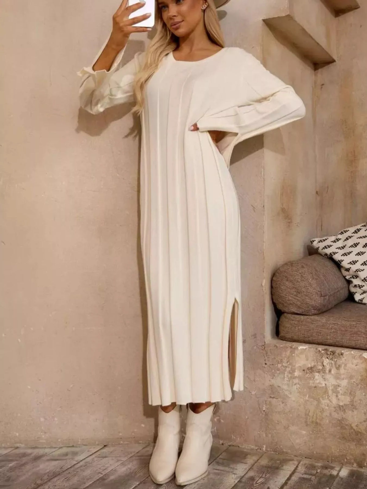 Ribbed Knit Slit Sweater Dress in White, view 2