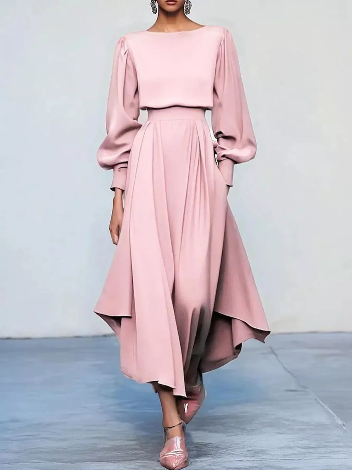 Pleated Lantern Sleeve Midi Dress - Lilixa.store
