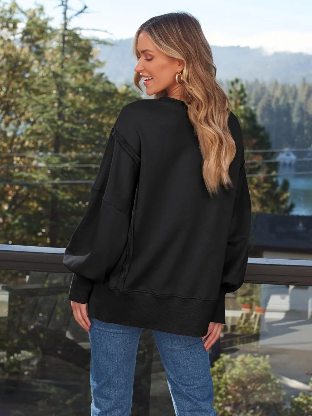 Slit Round Neck Long Sleeve Sweatshirt - Lilixa.store