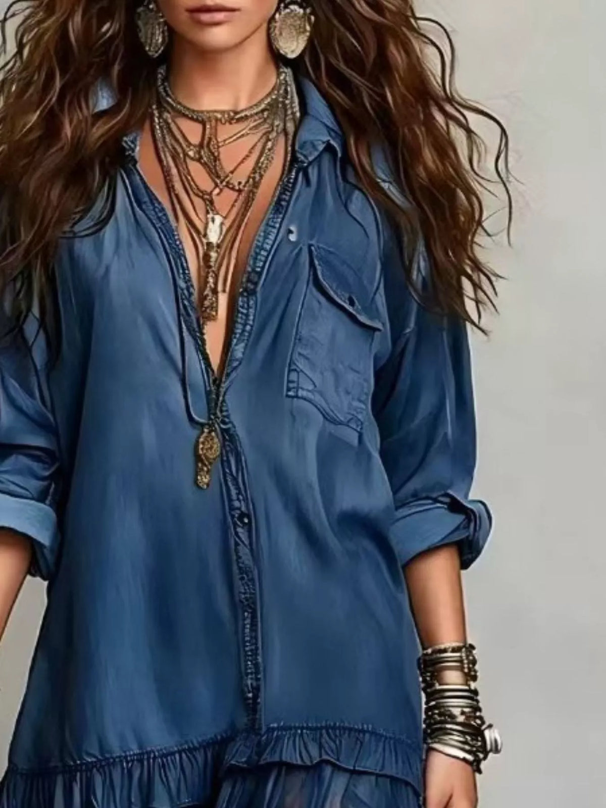 Full Size Tiered Long Sleeve Denim Shirt Maxi Dress Plus Size - Lilixa.store
