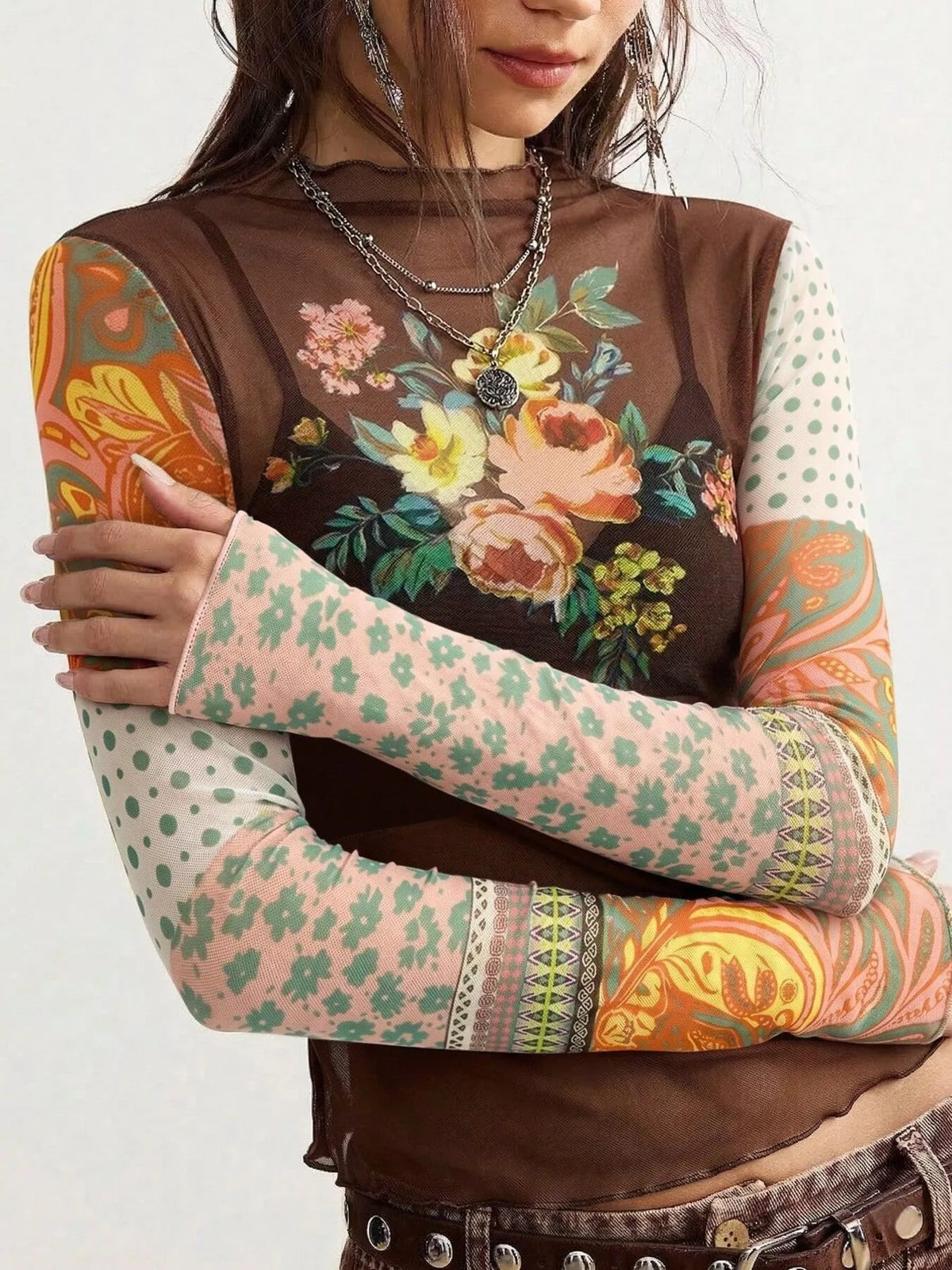 Floral Print Mesh Mock Neck Long Sleeve Top in Dark Brown