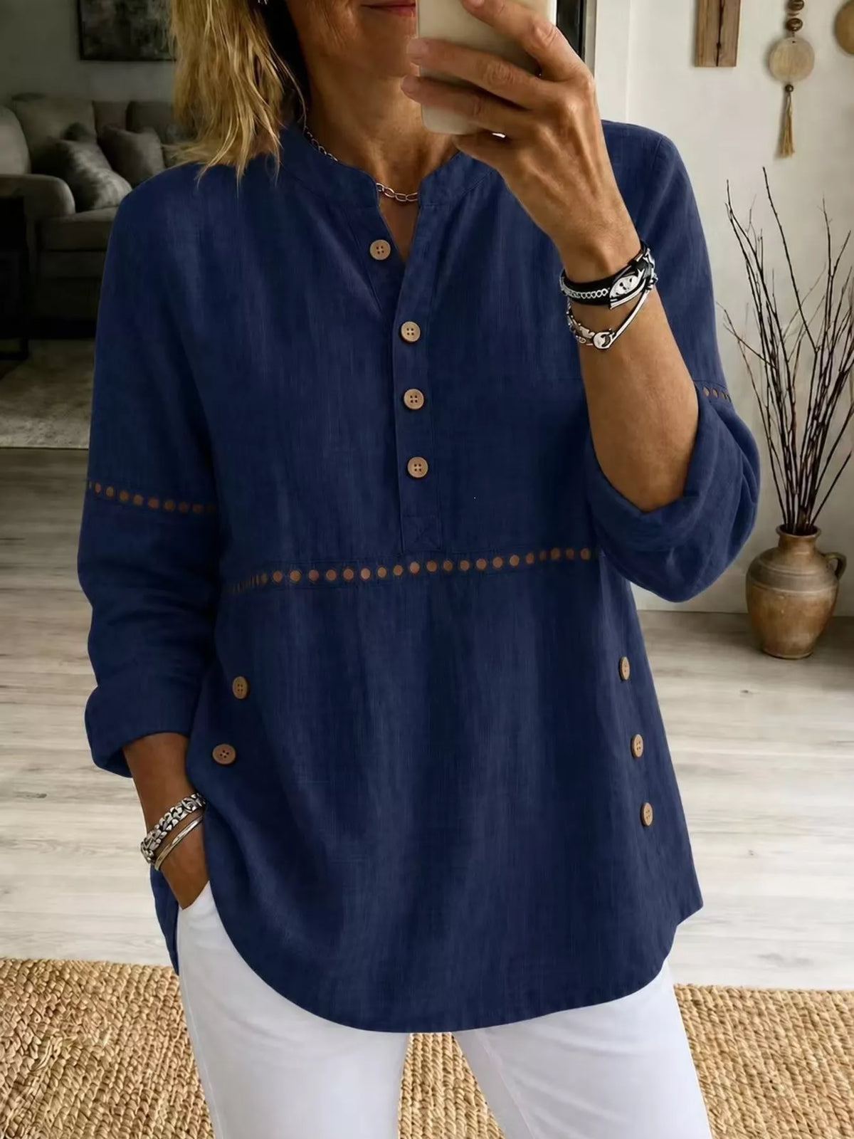 Full Size Button Detail Eyelet Long Sleeve Blouse Plus Size in Navy Blue