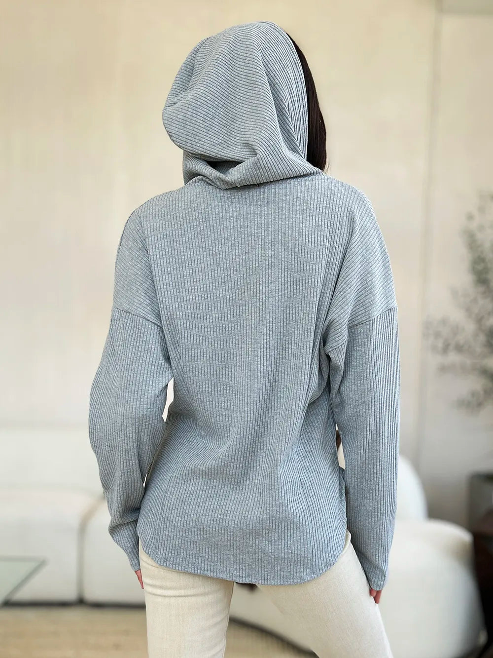 Culture Code Full Size Ribbed Zip Up Drawstring Hooded Jacket, view 4