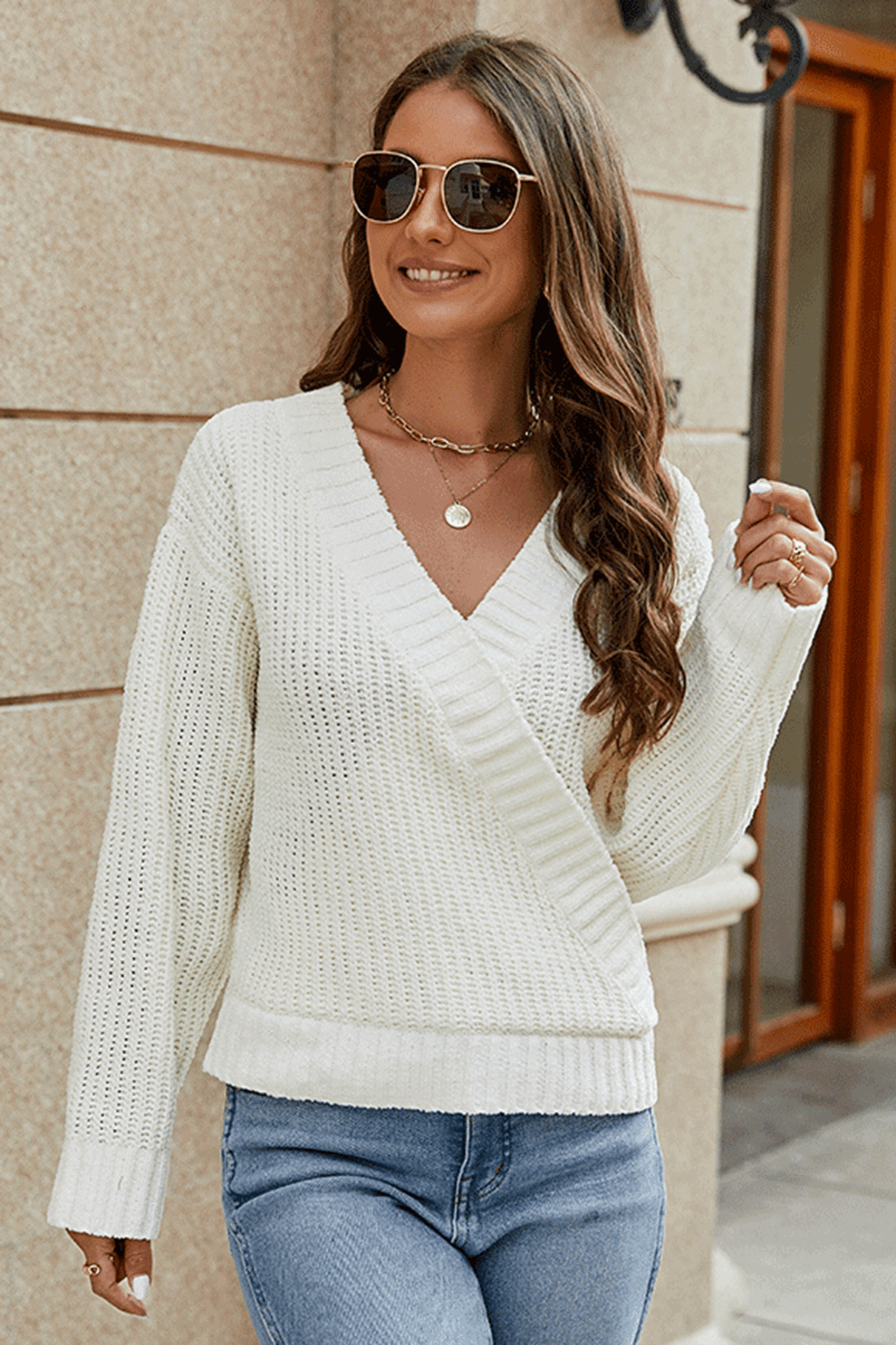 Surplice Neck Long Sleeve Sweater in Ivory