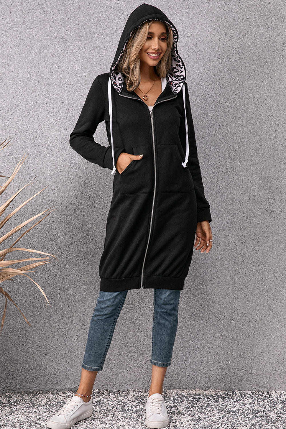 Ivy Lane Leopard Spliced Drawstring Zip Up Hoodie Dress - Lilixa.store