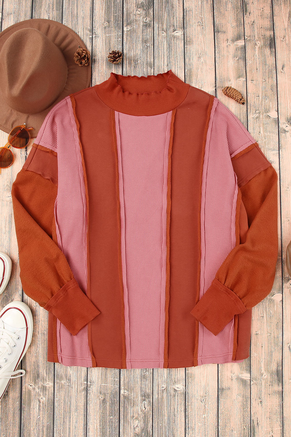 Color Block Exposed Seam Top in Orange-Red, view 2