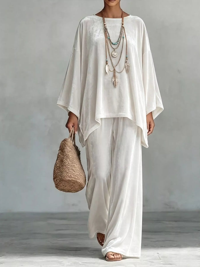 Full Size Asymmetrical Top and Wide Leg Pants Set Plus Size in White