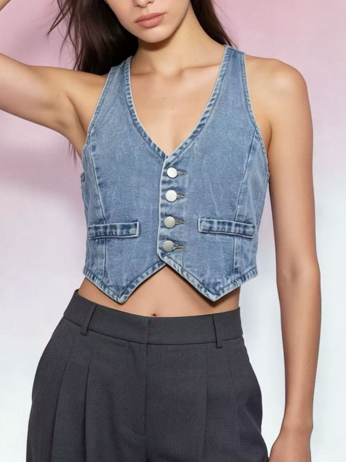 Button-Down Denim Vest - Lilixa.store