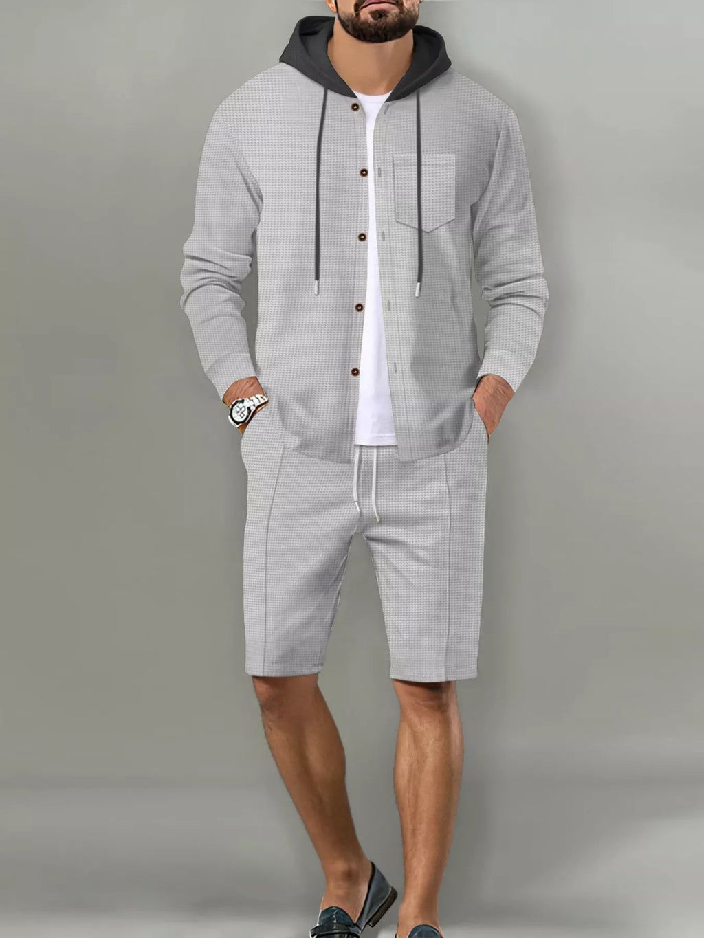 Men's Full Size Casual Hooded Button-Up Top and Shorts Set Plus Size - Lilixa.store