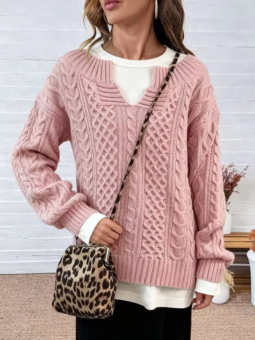 Full Size Cable Knit Dropped Shoulder Sweater Plus Size, view 5
