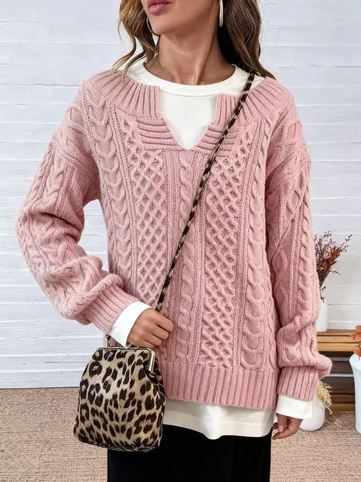 Full Size Cable Knit Dropped Shoulder Sweater Plus Size