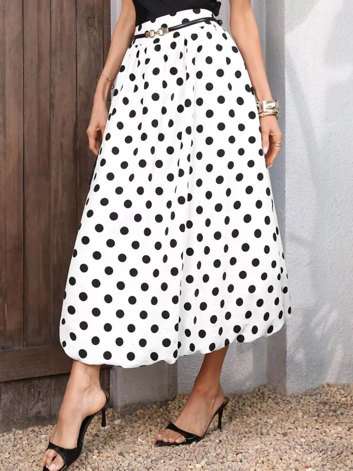 High-Waisted Polka Dot A-Line Midi Skirt in White