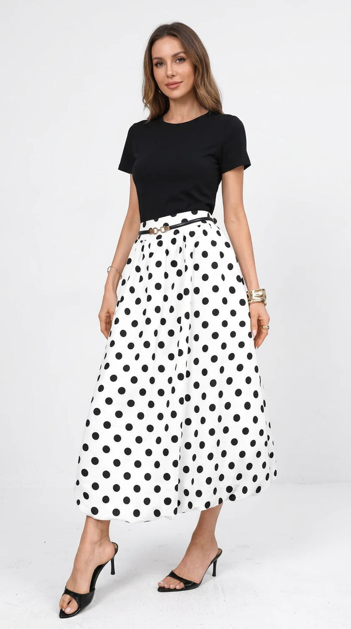 High-Waisted Polka Dot A-Line Midi Skirt in White