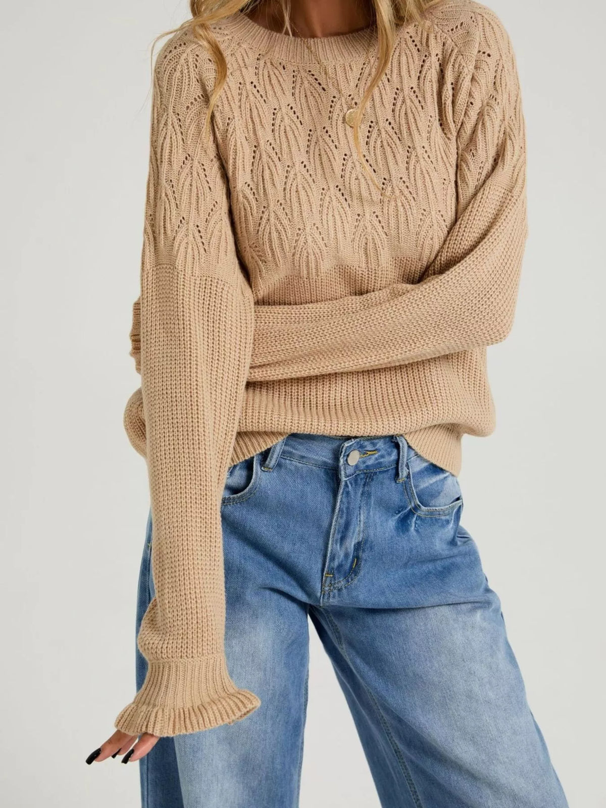 Pointelle Knit Round Neck Sweater