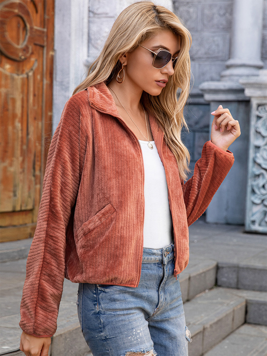 Ivy Lane Zip-Up Collared Jacket with Pockets in Terracotta, view 3