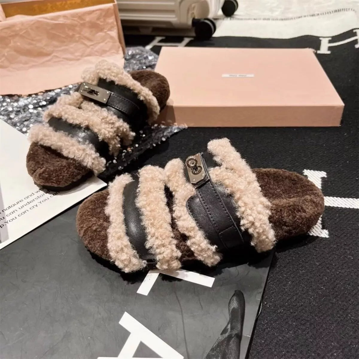 Fuzzy Buckle Accent Plush Slippers - Lilixa.store