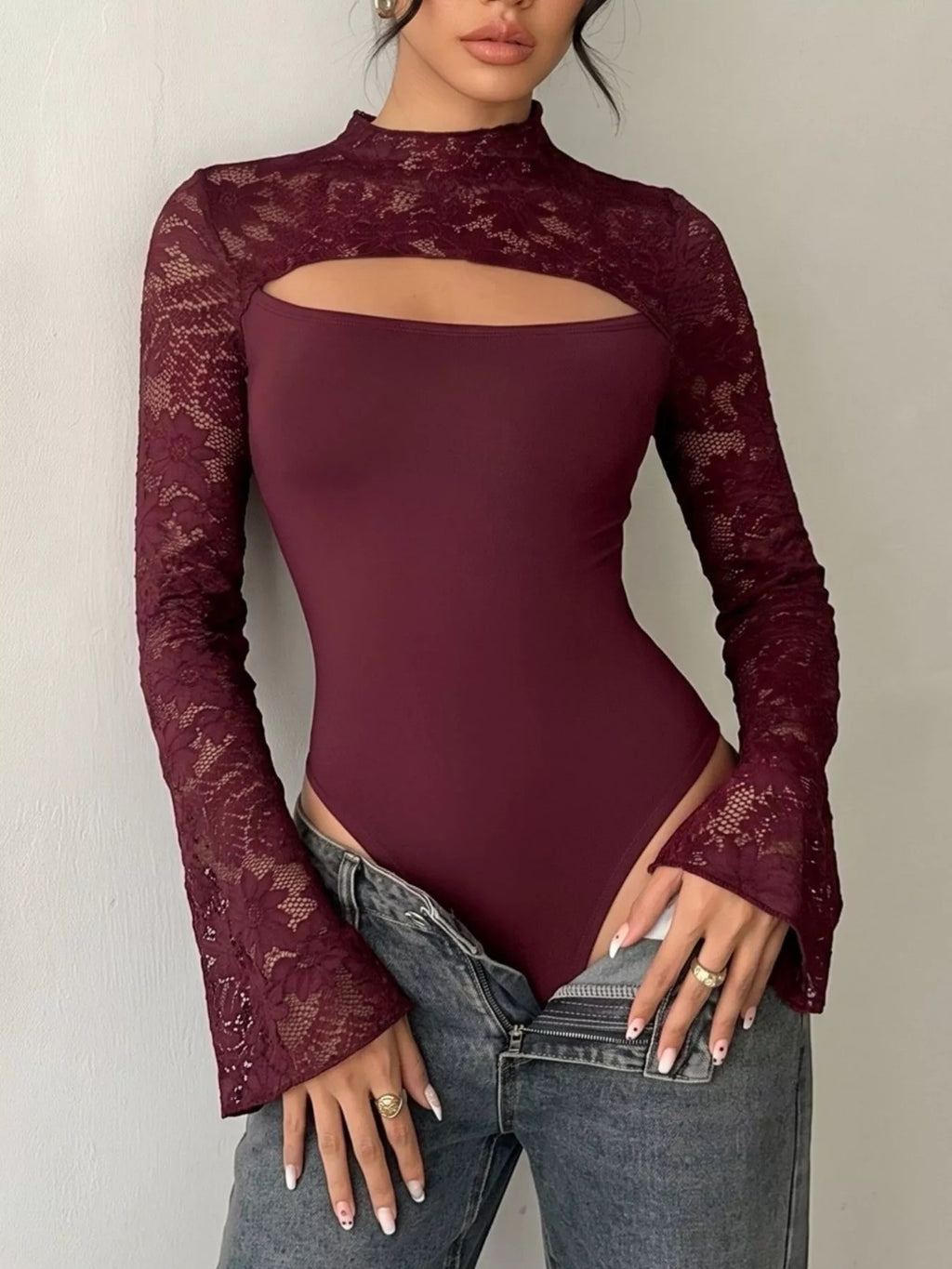 Lace Cut-out Flare Sleeve Bodysuit - Lilixa.store