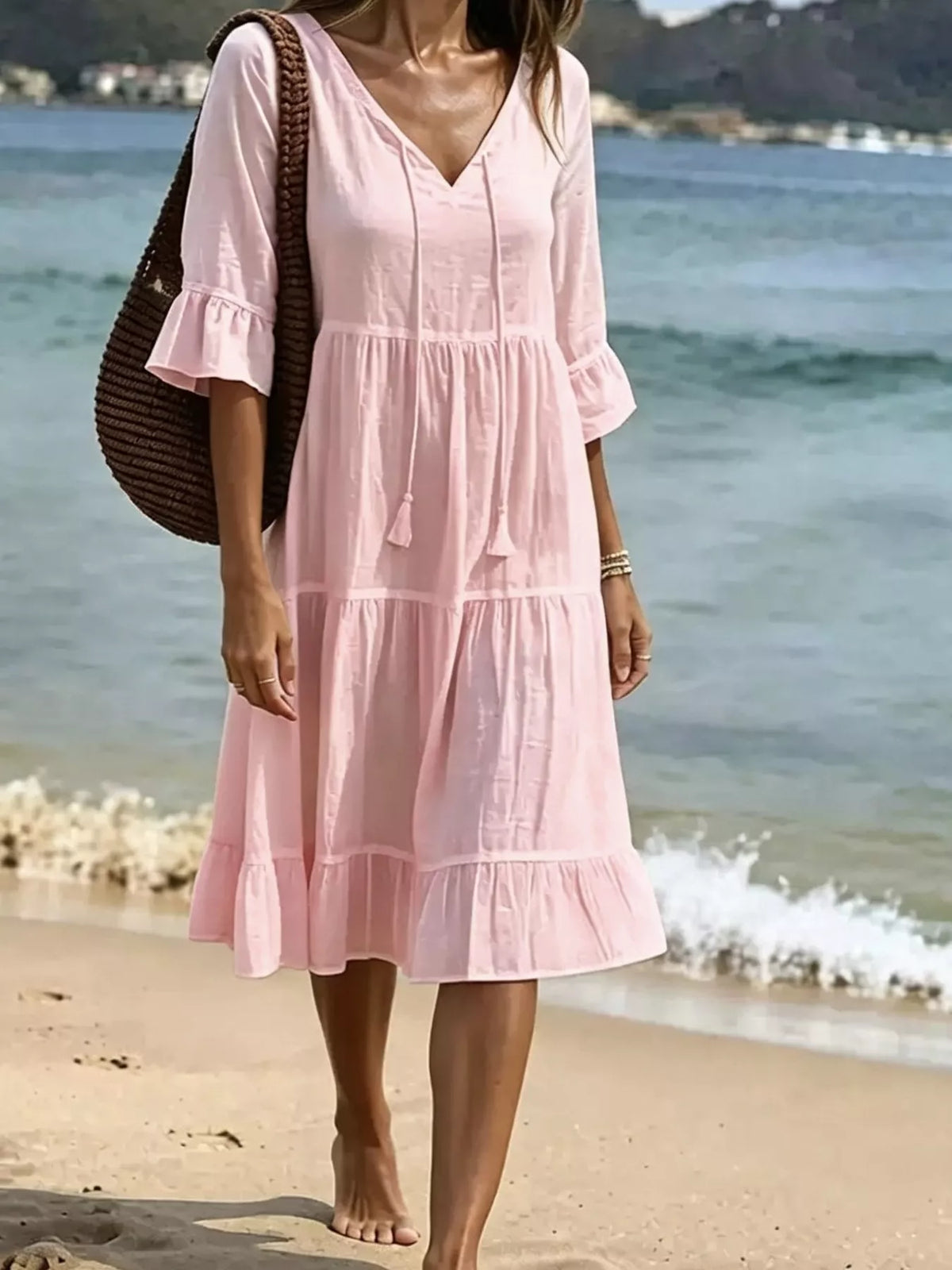 Full Size Tiered Tie Neck Flounce Sleeve Dress Plus Size - Lilixa.store