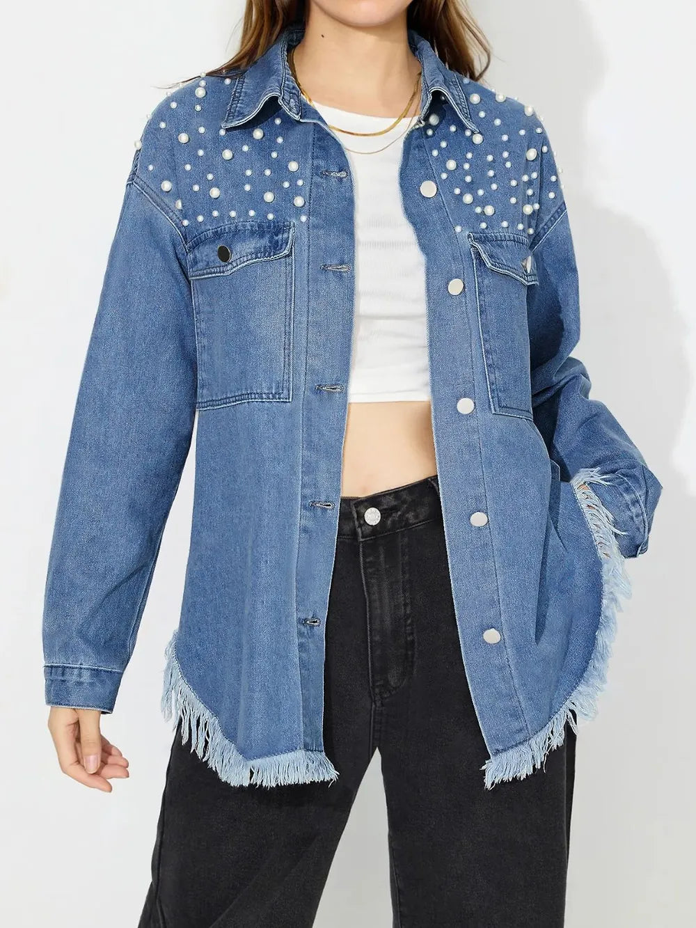 Raw Hem Pearl Trim Collared Neck Denim Top - Lilixa.store