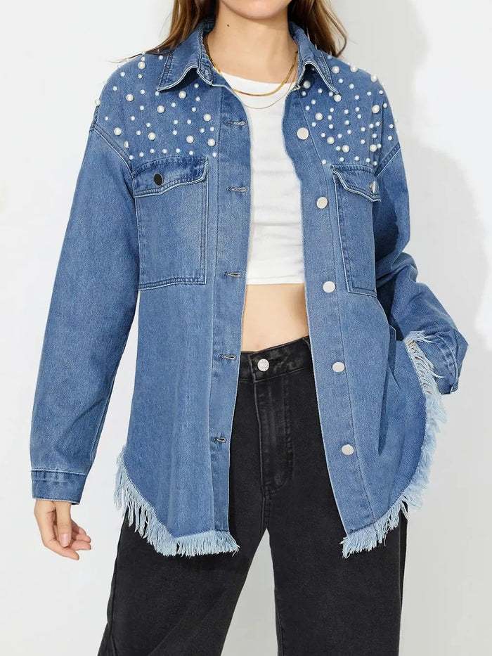 Raw Hem Pearl Trim Collared Neck Denim Top - Lilixa.store