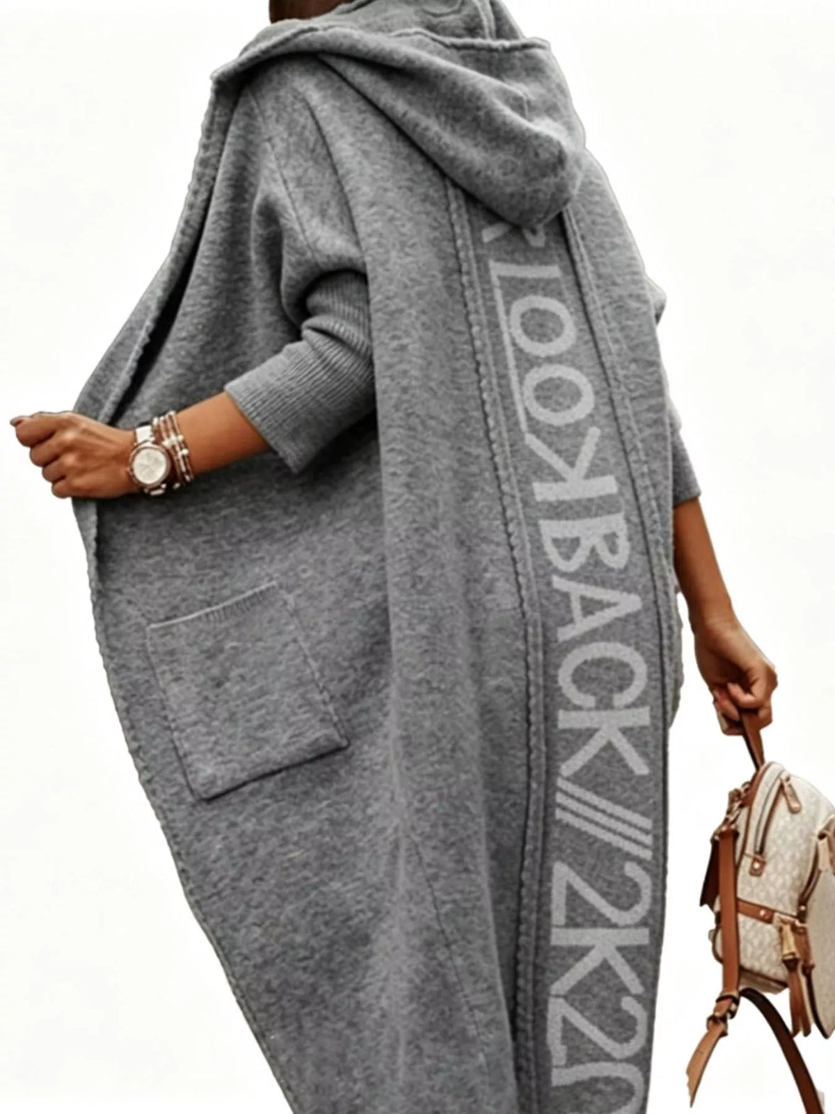 Full Size Letter Back Hooded Cardigan Plus Size