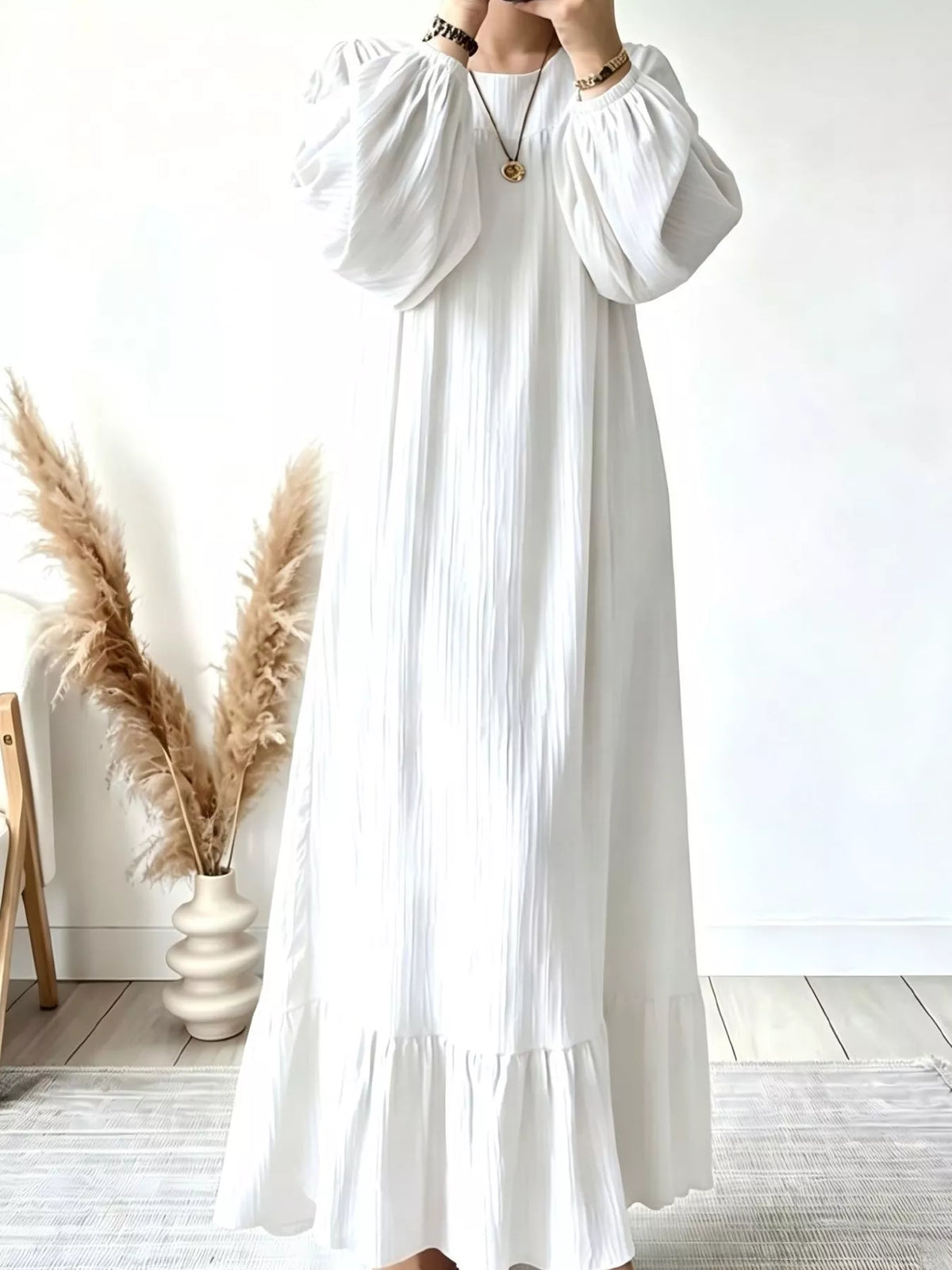 Full Size Textured Puff-Sleeve Maxi Dress Plus Size in White