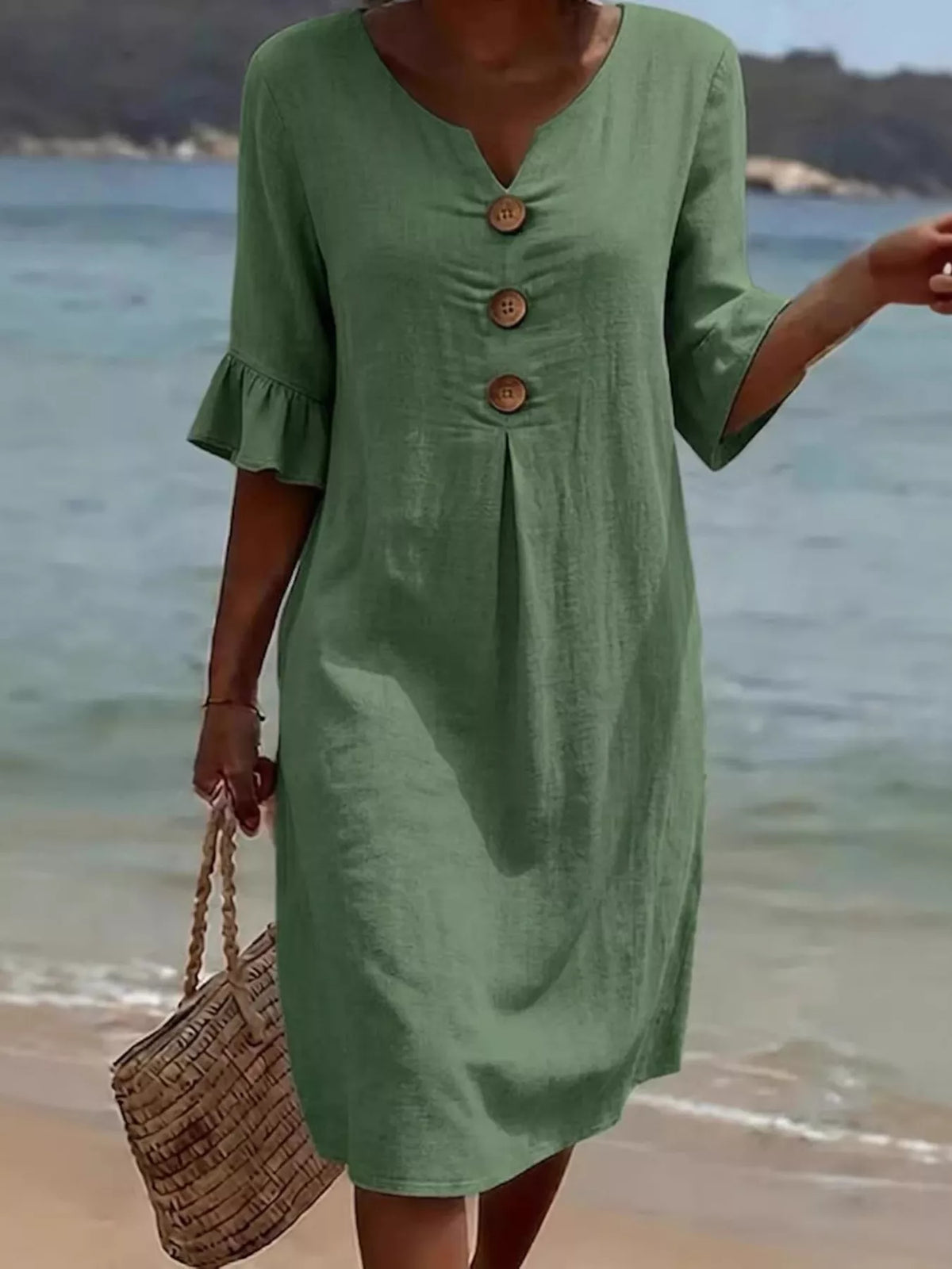 Full Size Decorative Button Ruffle Half Sleeve Dress Plus Size - Lilixa.store