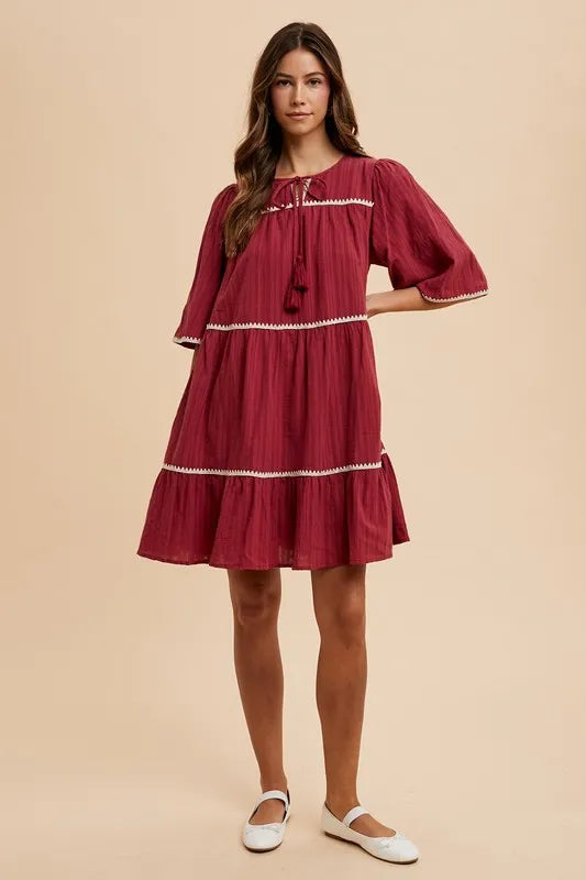 Annie Wear Tassel Contrast Trim Tie Neck Half Sleeve Tiered Dress - Lilixa.store