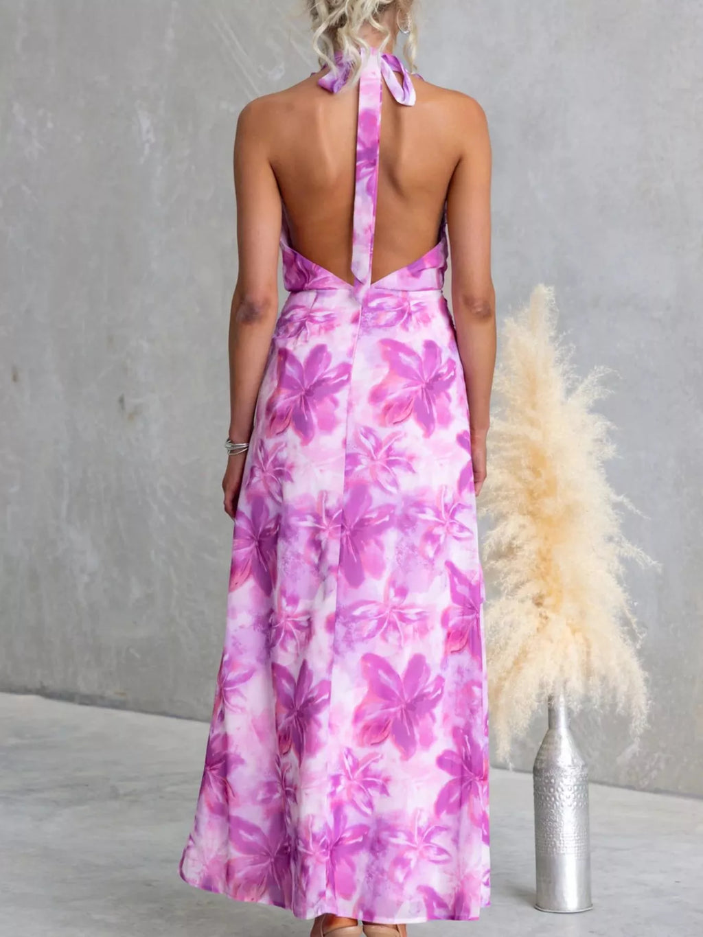 Floral Print Ruffle Halter Neck Maxi Dress - Lilixa.store