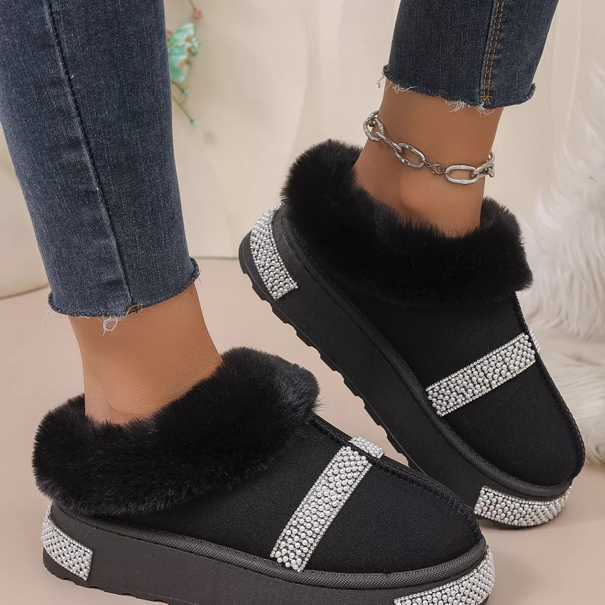 Rhinestone Embellished Faux Fur Lined Platform Boots - Lilixa.store