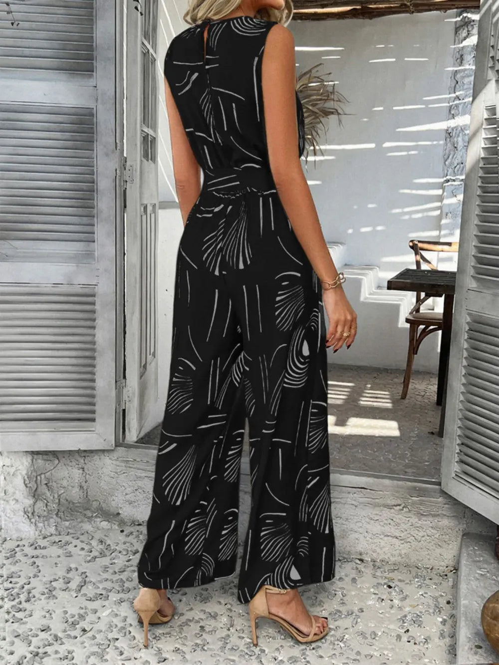 Devine Printed Round Neck Sleeveless Tie Waist Jumpsuit - Lilixa.store