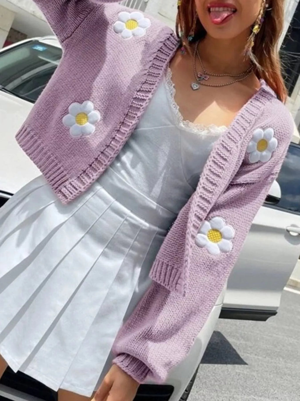 Floral Open Front Knit Cardigan - Lilixa.store