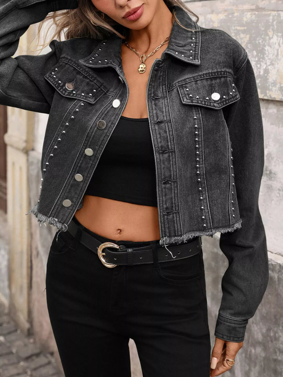 Studded Raw Hem Denim Jacket, view 7