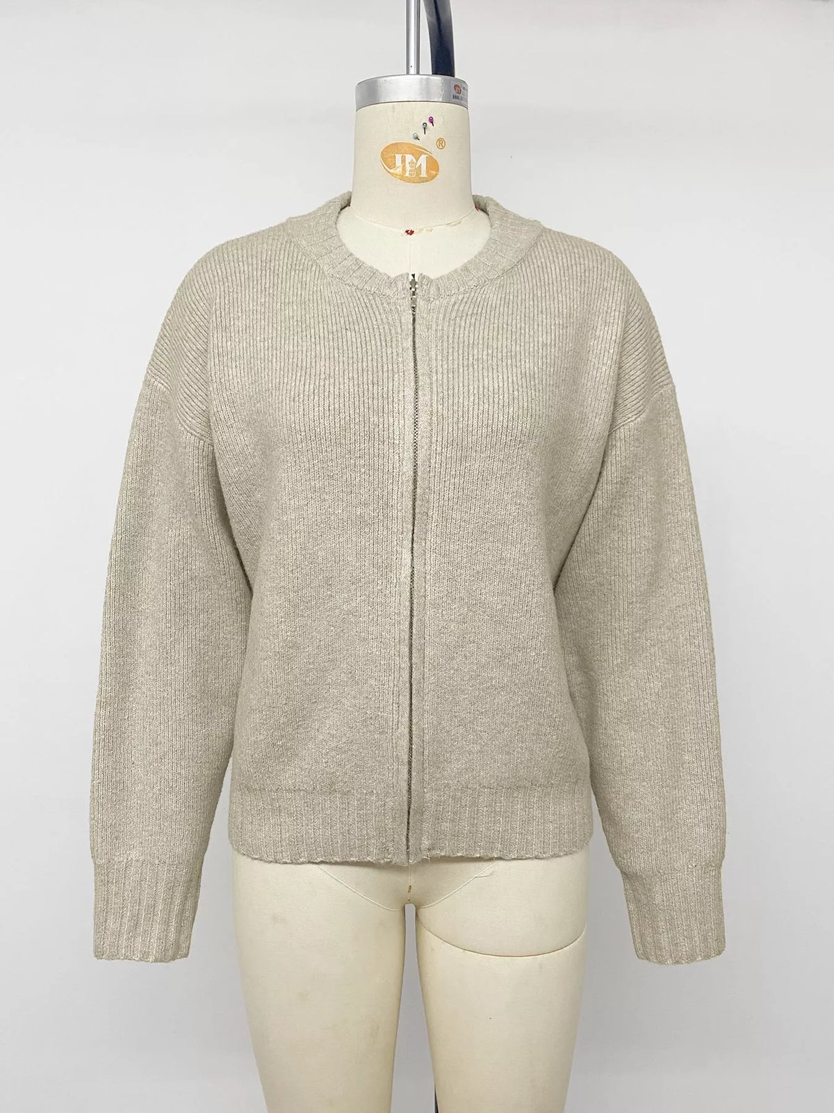 Zip-Up Dropped Shoulder Cardigan in Khaki, view 8