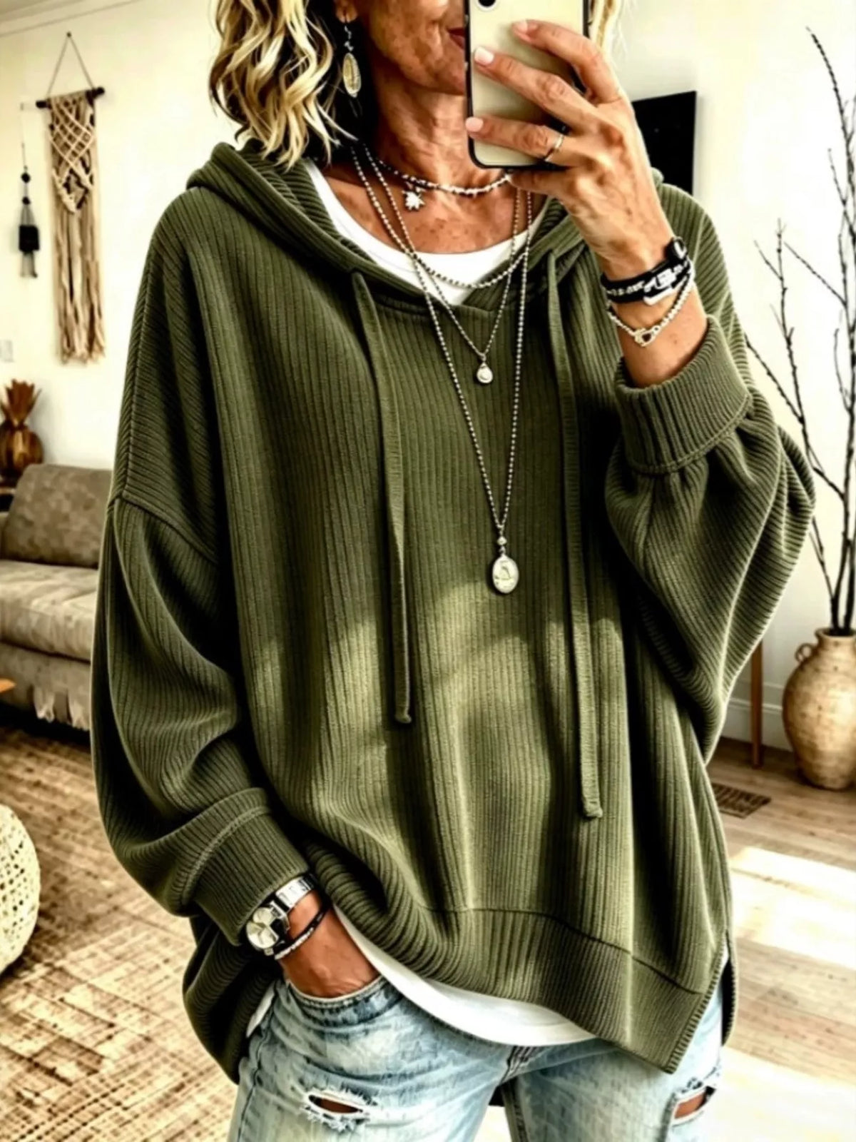 Drawstring Ribbed Knit Hoodie - Lilixa.store