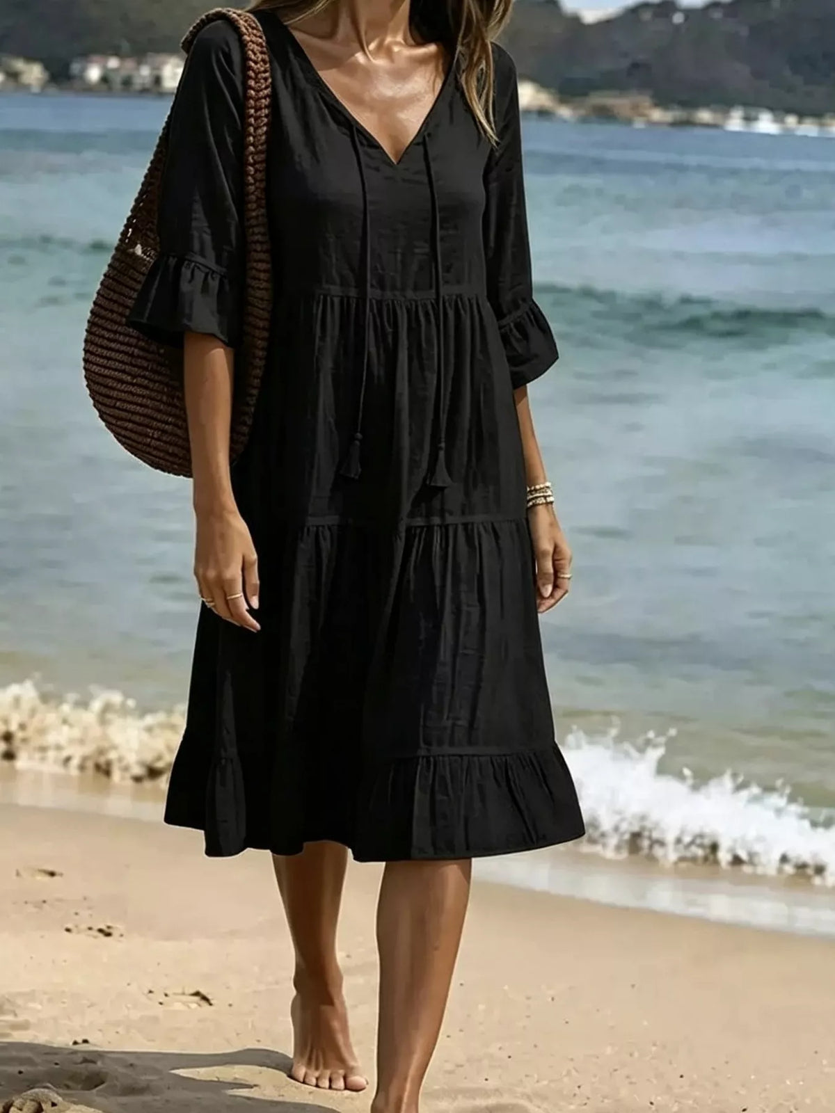 Full Size Tiered Tie Neck Flounce Sleeve Dress Plus Size - Lilixa.store